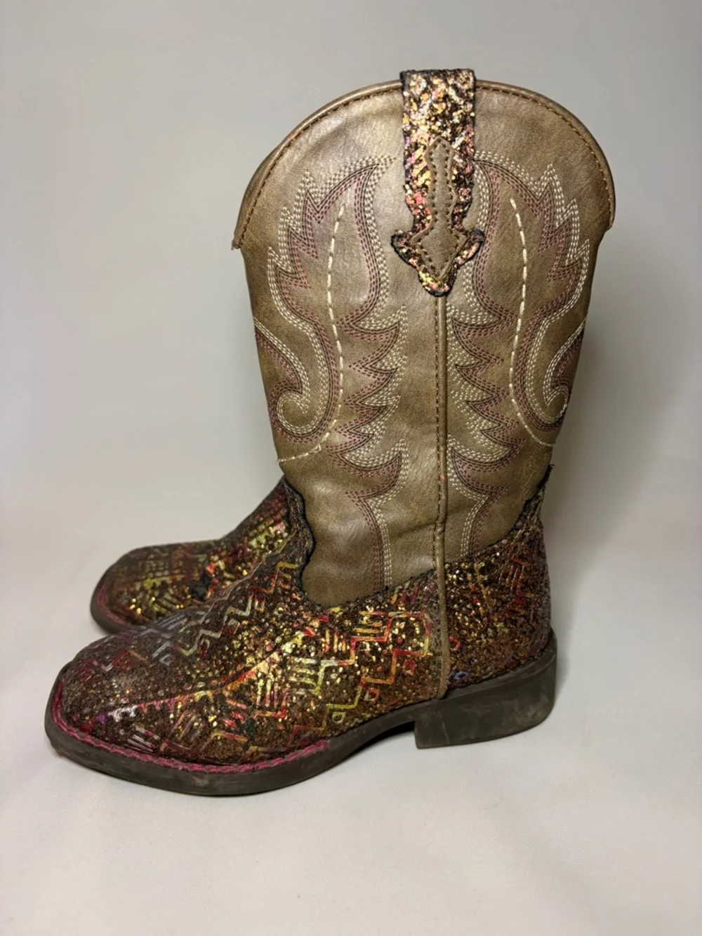 Roper Kids Aztec Glitter Square Toe wCowboy Boots‎ Brown Multi Color Size 12 EUC
